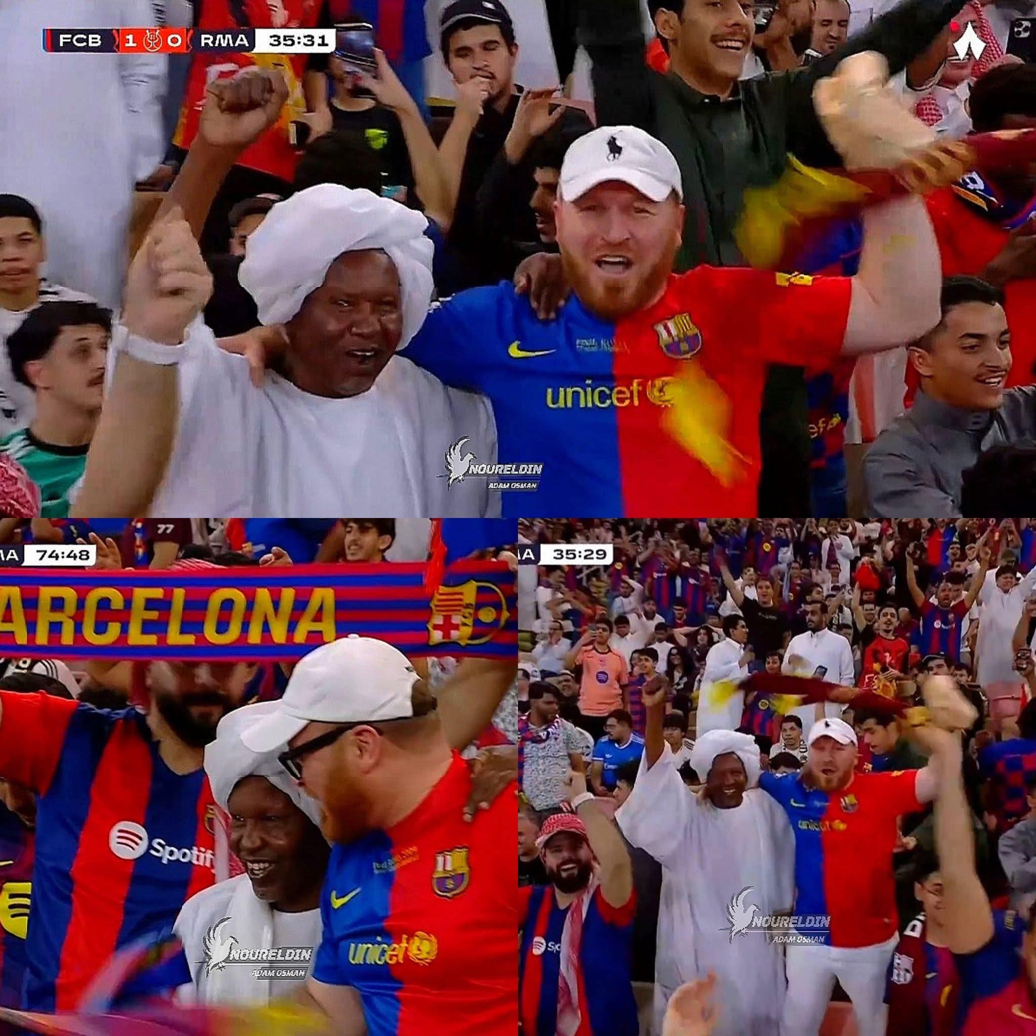 شاهد بالصور.. بالزي القومي.. رجل سوداني يتابع الكلاسيكو من المدرجات ويحتفل مع جماهير برشلونة وساخرون: (بكون ندمان على السنين الحضر فيها مباريات هلال مريخ)