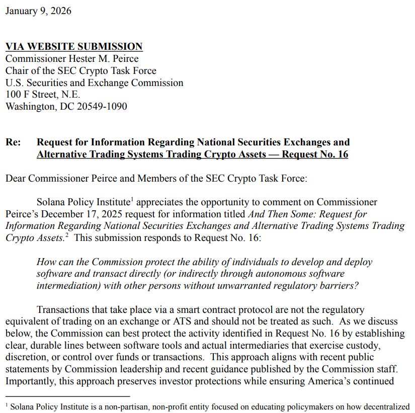 معهد سياسات سولانا يحث هيئة SEC على استثناء مطوري DeFi من قواعد البورصات