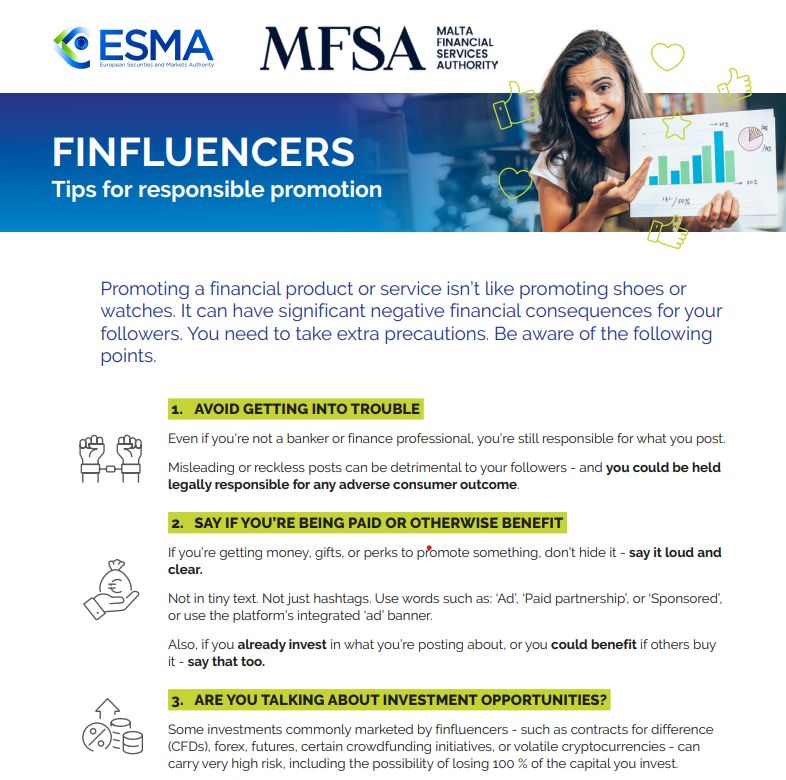 هيئة CONSOB الإيطالية تُنذر “المؤثرين الماليين” وسط تحذيرات ESMA بشأن مخاطر الكريبتو