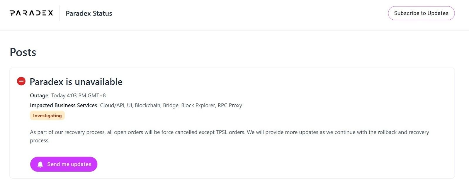 منصة مشتقات العملات الرقمية Paradex تُبلِغ عن عطل واسع وتُلغي الأوامر المفتوحة