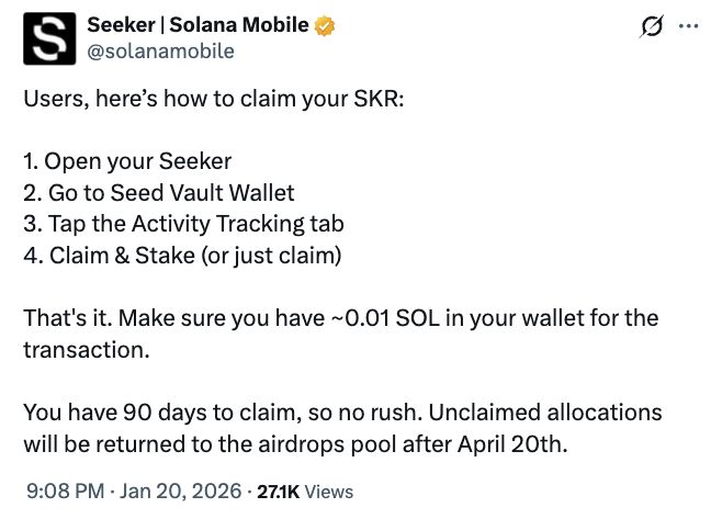 Solana Mobile تطلق توزيع توكن SKR لمستخدمي هاتف Seeker