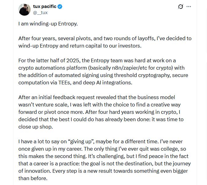 شركة Entropy الناشئة في مجال العملات الرقمية، والمدعومة من a16z، تعلن إغلاقها وإعادة أموال المستثمرين