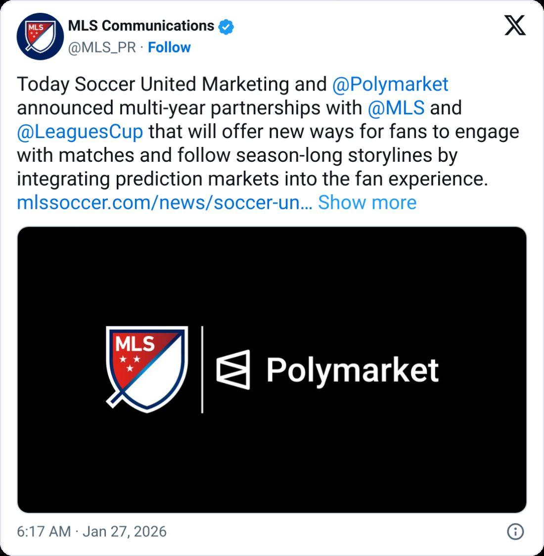 Polymarket تبرم شراكة مع دوري كرة القدم الأميركي MLS كسوق تنبؤات حصري