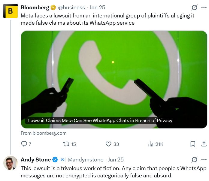 مسؤول في Meta ينفي امتلاك الشركة حق الوصول إلى محادثات واتساب وسط دعوى قضائية تتعلق بالخصوصية