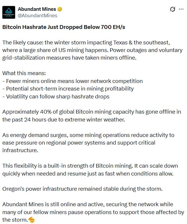 انخفاض معدل تجزئة بيتكوين مؤقتًا إلى مستويات منتصف 2025 وسط عاصفة شتوية في الولايات المتحدة