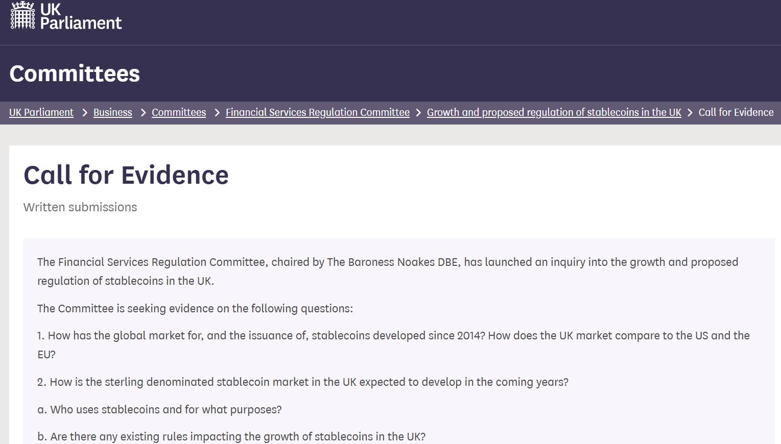 مجلس اللوردات البريطاني يطلق تحقيقًا بشأن العملات المستقرة مع اقتراب بنك إنجلترا من استكمال القواعد التنظيمية