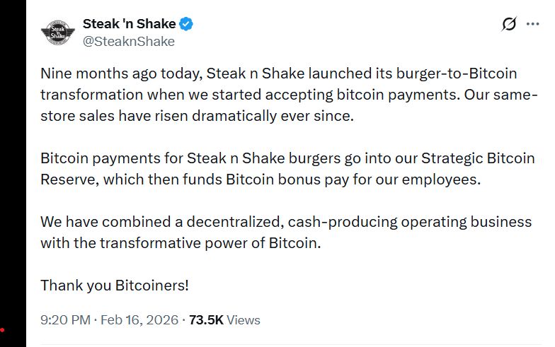 Steak ‘n Shake تقول إن مبيعات المتاجر المماثلة ارتفعت “بشكل كبير” بعد اعتماد بيتكوين