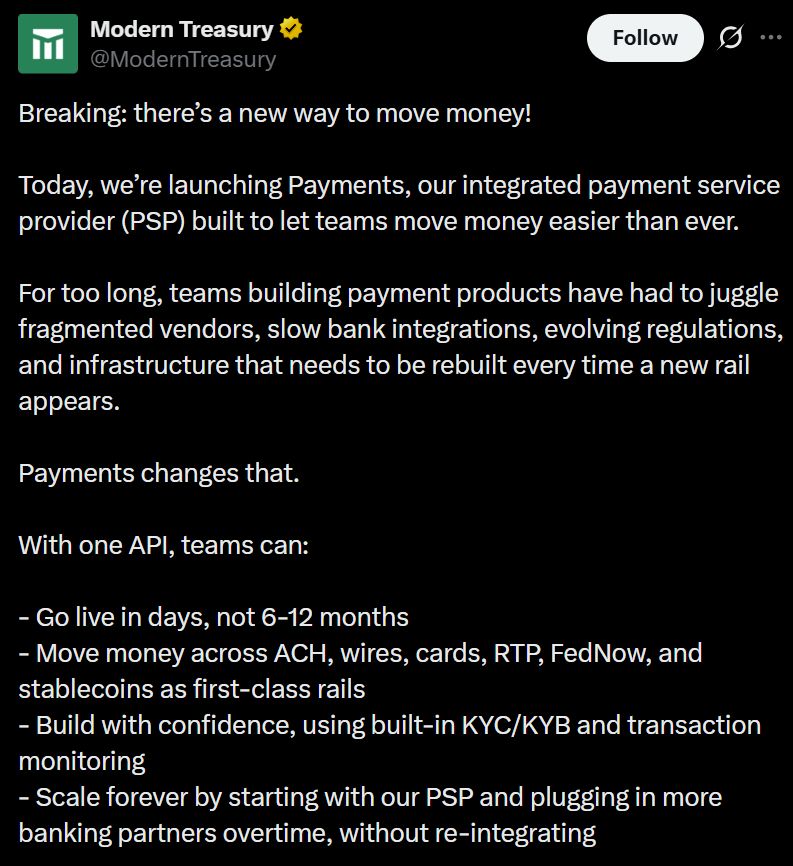 Modern Treasury تدمج تسوية العملات المستقرة إلى جانب ACH والتحويلات البنكية