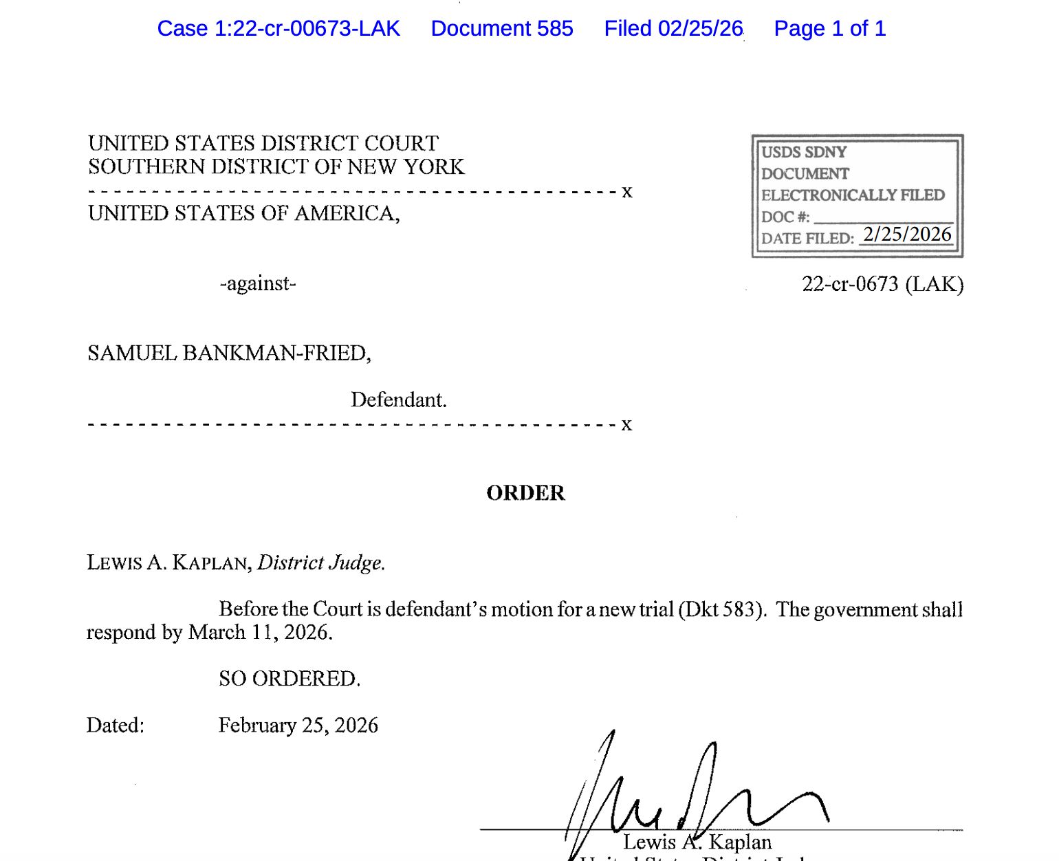 المحكمة تحدد مهلة للحكومة الأمريكية للرد على طلب إعادة محاكمة بنكمان-فرايد