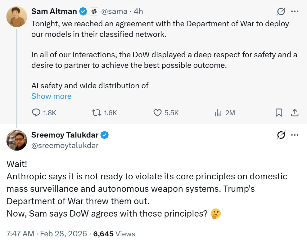 OpenAI تفوز بعقد دفاعي بعد ساعات من استبعاد Anthropic من قبل الحكومة