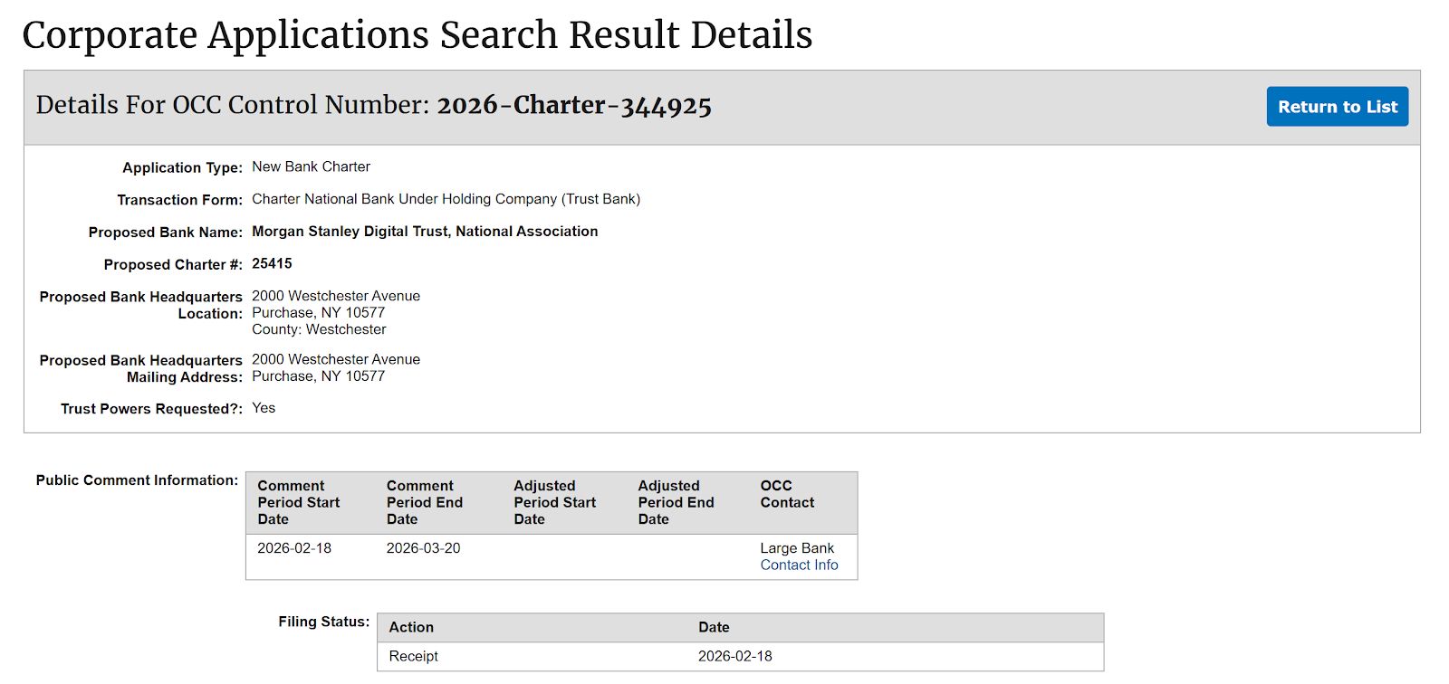 Morgan Stanley تتقدم بطلب ميثاق بنك وطني لحفظ الأصول المشفرة