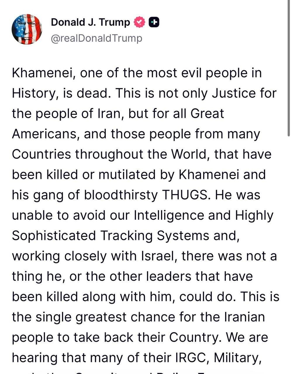 ترامب يؤكد مقتل خامنئي في عملية استخباراتية مشتركة مع إسرائيل