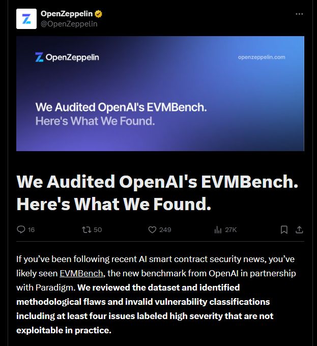 OpenZeppelin يرصد عيوبًا منهجية وتلوثًا في البيانات ضمن معيار EVMbench من OpenAI