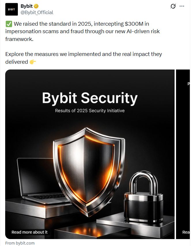 Bybit تؤكد أن نظامها الجديد لمكافحة الاحتيال أوقف سحوبات محفوفة بالمخاطر بقيمة 300 مليون دولار في الربع الرابع 2025