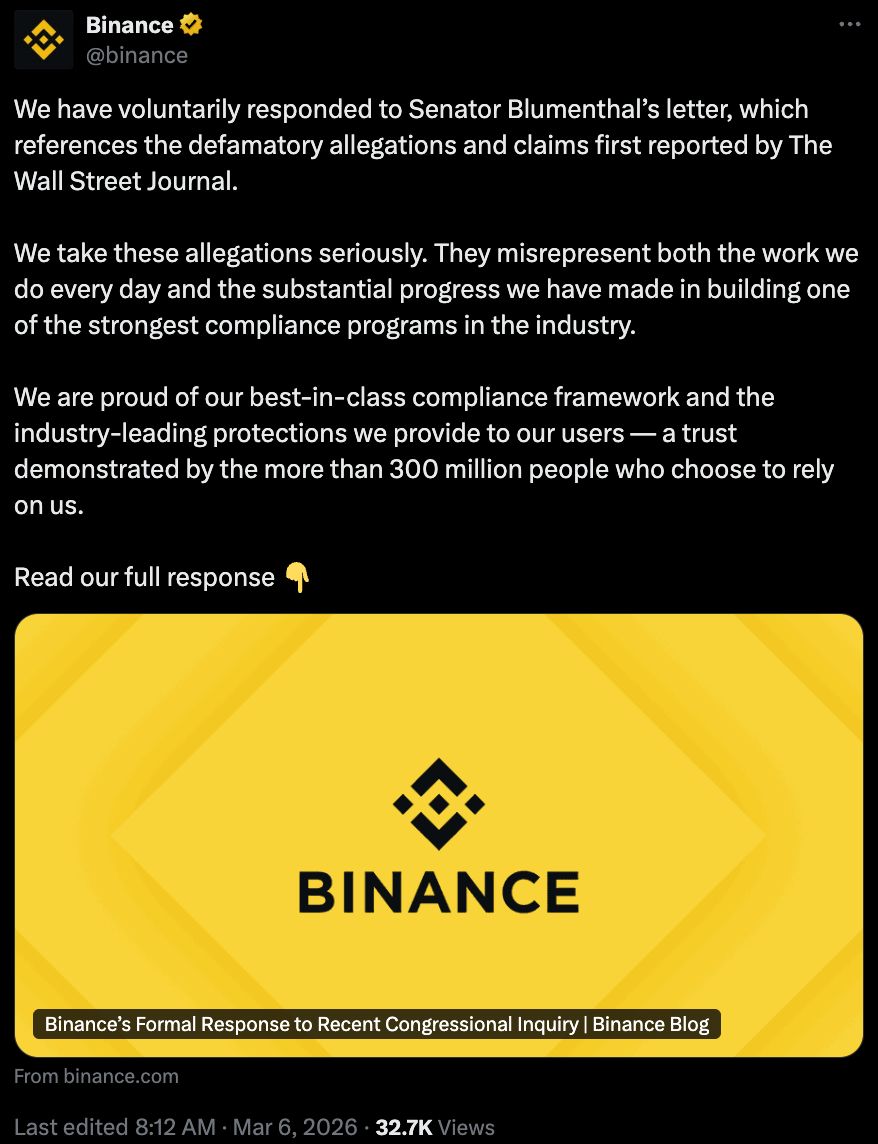 Binance ترفض تحقيق مجلس الشيوخ الأمريكي بشأن إيران وتصفه بأنه قائم على تقارير تشهيرية