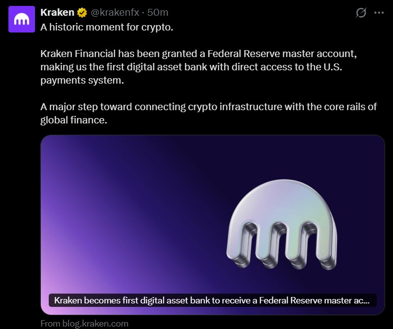 ملخص كريبتو: Kraken تتصل مباشرة بالاحتياطي الفيدرالي