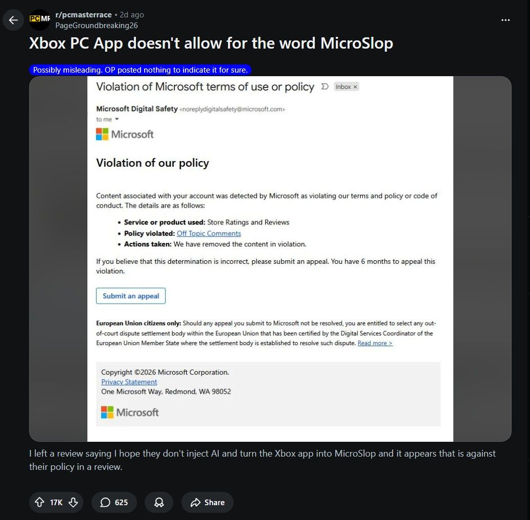 مايكروسوفت تنفي حظر كلمة Microslop في مراجعات Xbox على ويندوز 11