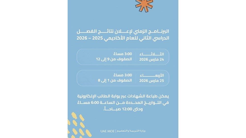 "التربية والتعليم" تنشر البرنامج الزمني لإعلان نتائج الفصل الدراسي الثاني