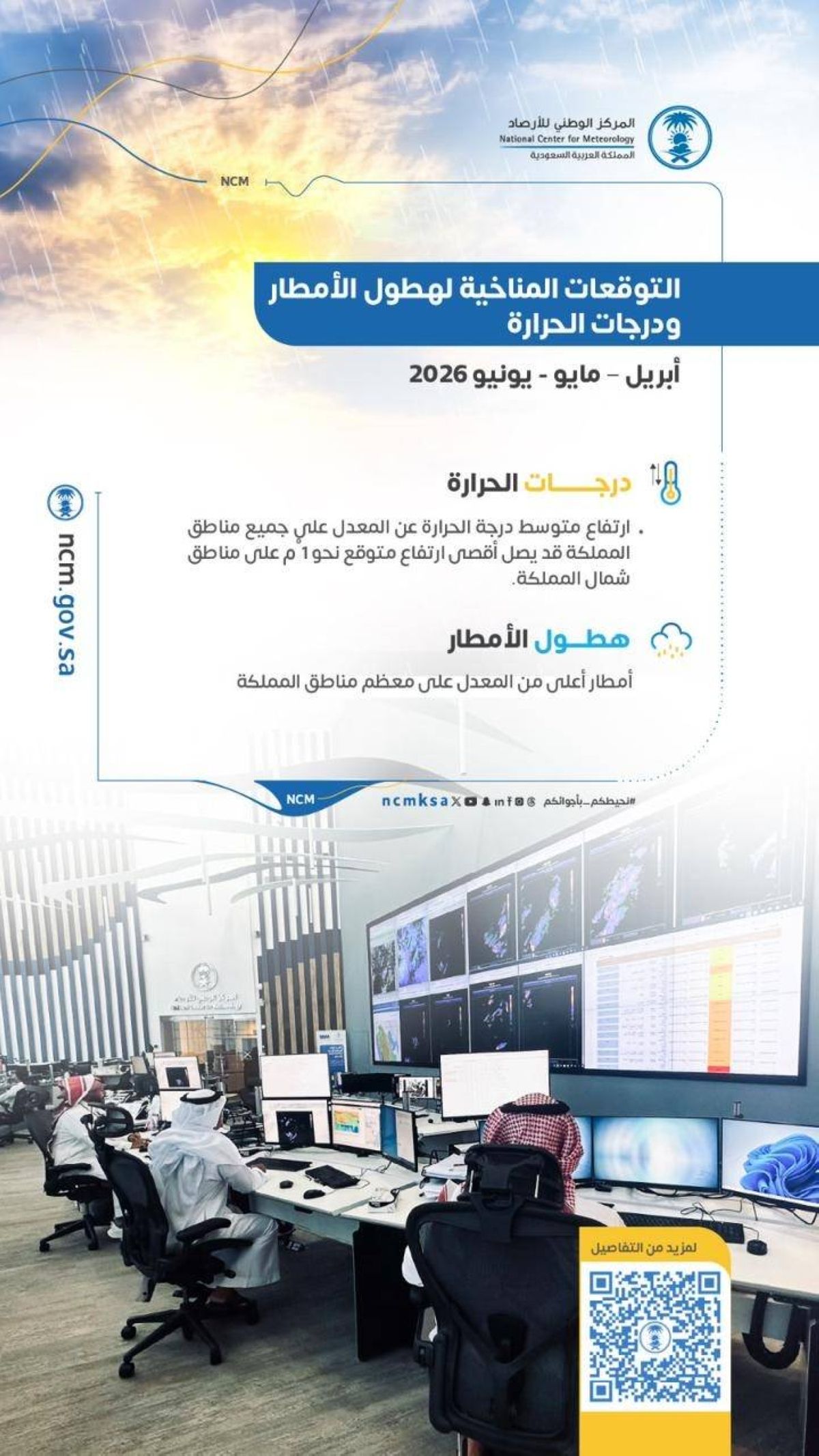 الأرصاد يصدر التوقعات المناخية لهطول الأمطار ودرجات الحرارة خلال أبريل ومايو ويونيو 2026م