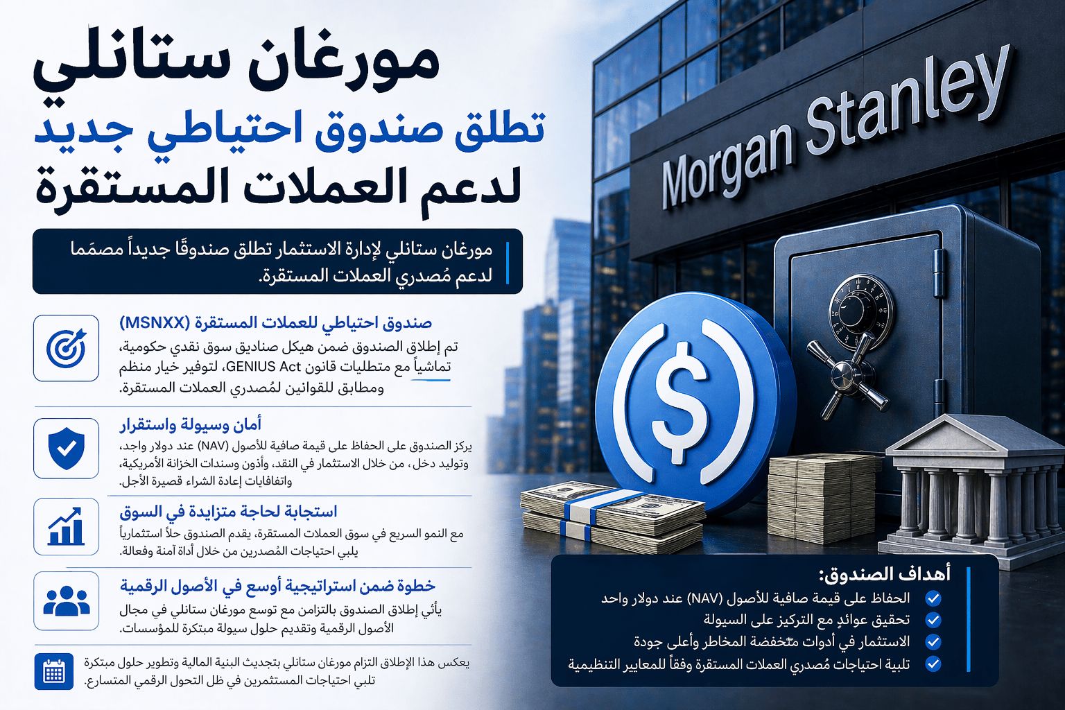 شركة “Morgan Stanley” تطلق صندوق احتياطي جديد لدعم العملات المستقرة