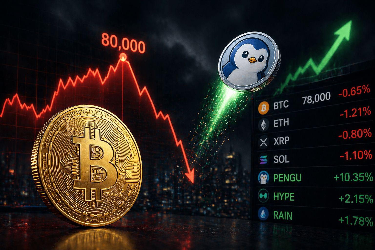 فشل سعر البيتكوين في اختراق مستوى 80 ألف دولار: وعملة PENGU تخطف الأضواء بصعود قوي