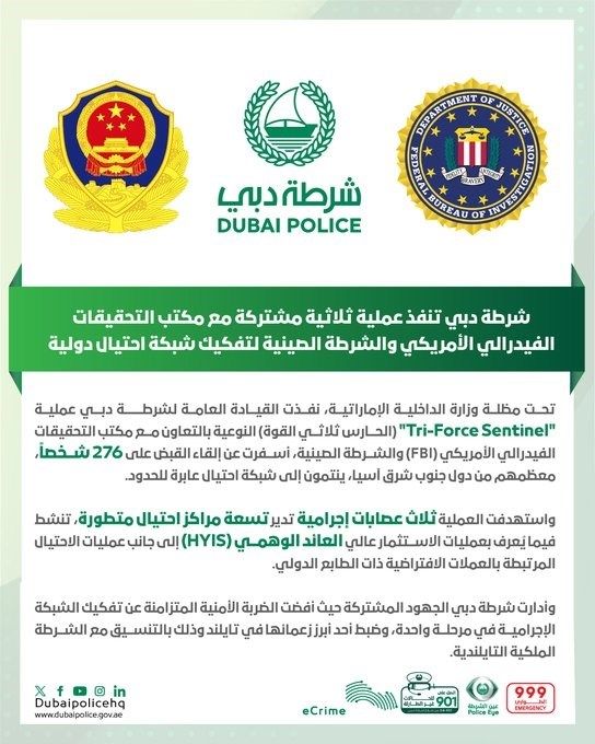 شرطة دبي تنفذ عملية مشتركة مع الـ «FBI» والشرطة الصينية لتفكيك شبكة احتيال دولية