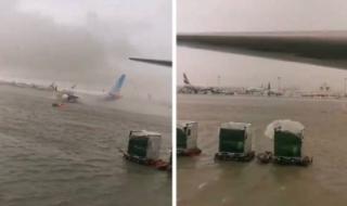 تراند اليوم : شاهد.. غرق مطار دبي والطائرات تسبح في برك مياه
