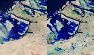 تراند اليوم : شاهد..صور من الأقمار الصناعية تكشف تشكل بحيرات في مناطق دبي بعد هطول الأمطار الغزيرة