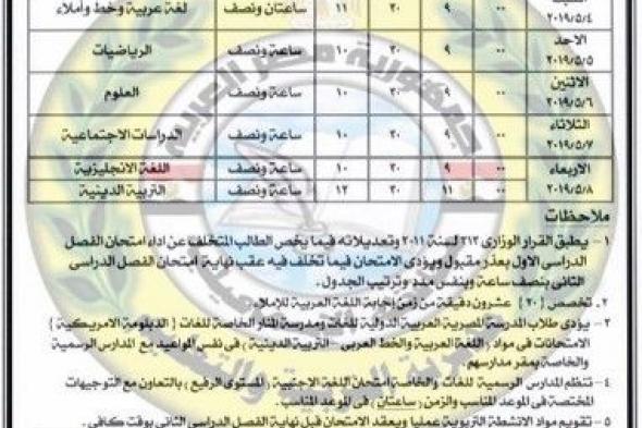 جداول امتحانات الترم الثاني 2019 لمحافظة الإسماعيلية