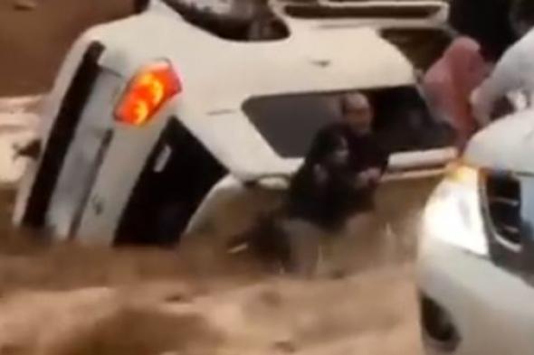 السعودية | شاهد.. شابان ينقذان عائلة جرفتهم السيول بحائل
