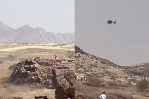 طائرة عمودية تنقذ محتجزين في شمال بيشة بسبب السيول .. فيديو